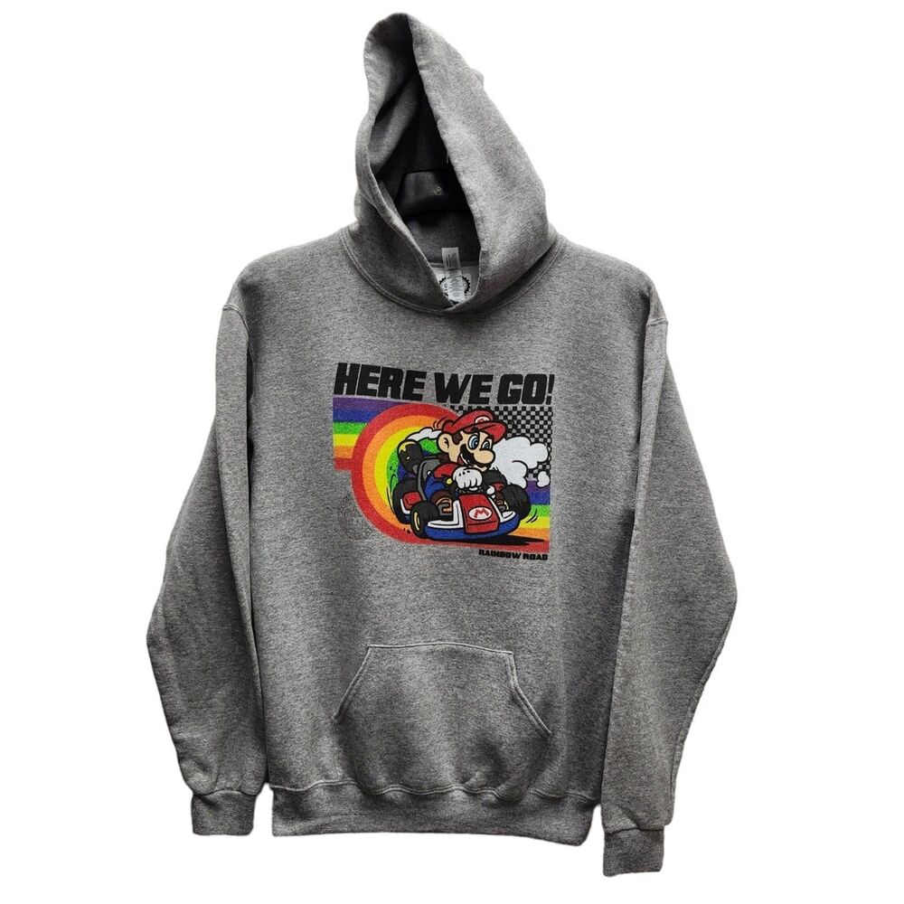 Nintendo Mario Cart Rainbow Road Youth XL Hooded Sweatshirt Gray Racing Jerzees